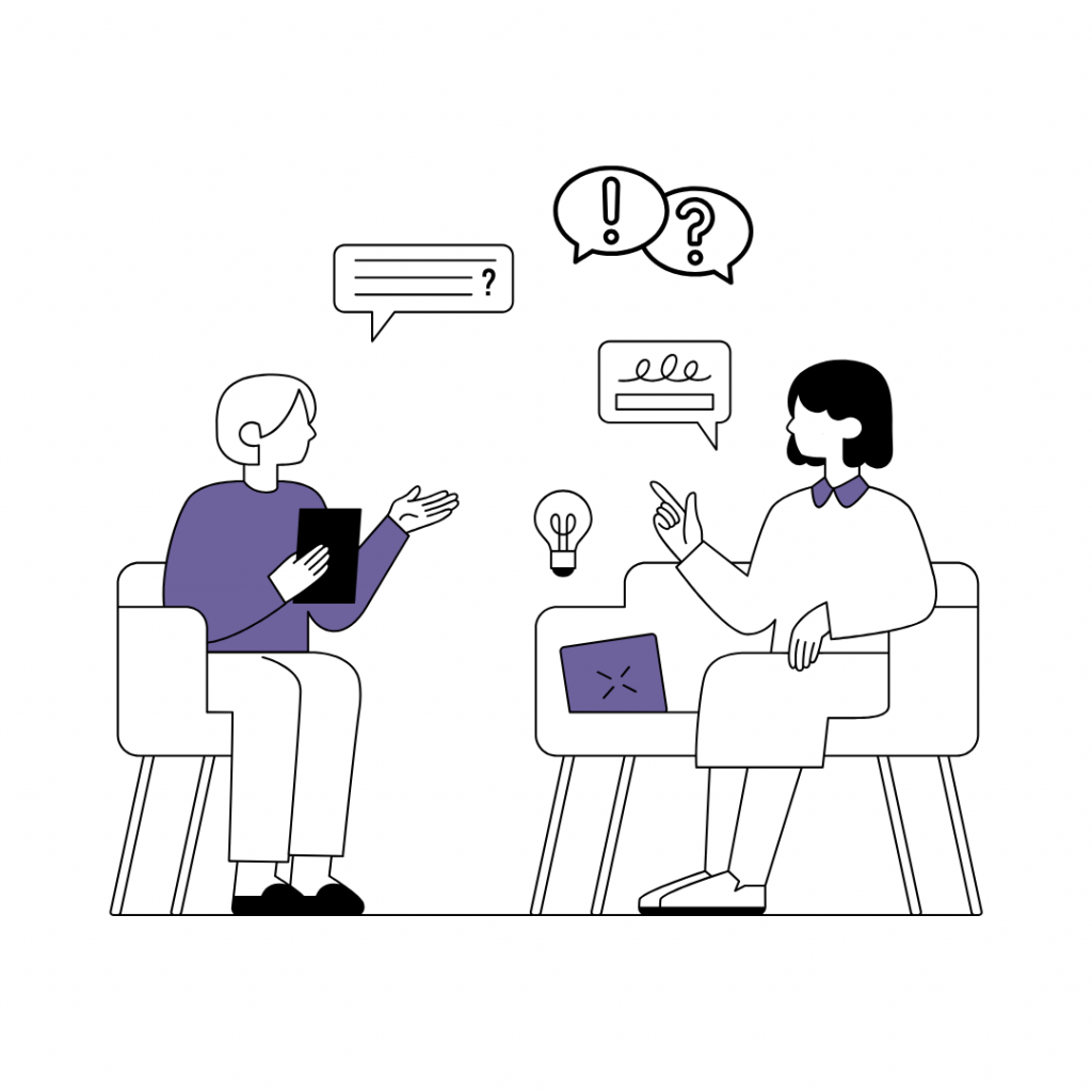 Illustration of a conversation between two individuals with lightbulb and question icons, representing unclear communication during ISO consultancy or audits.