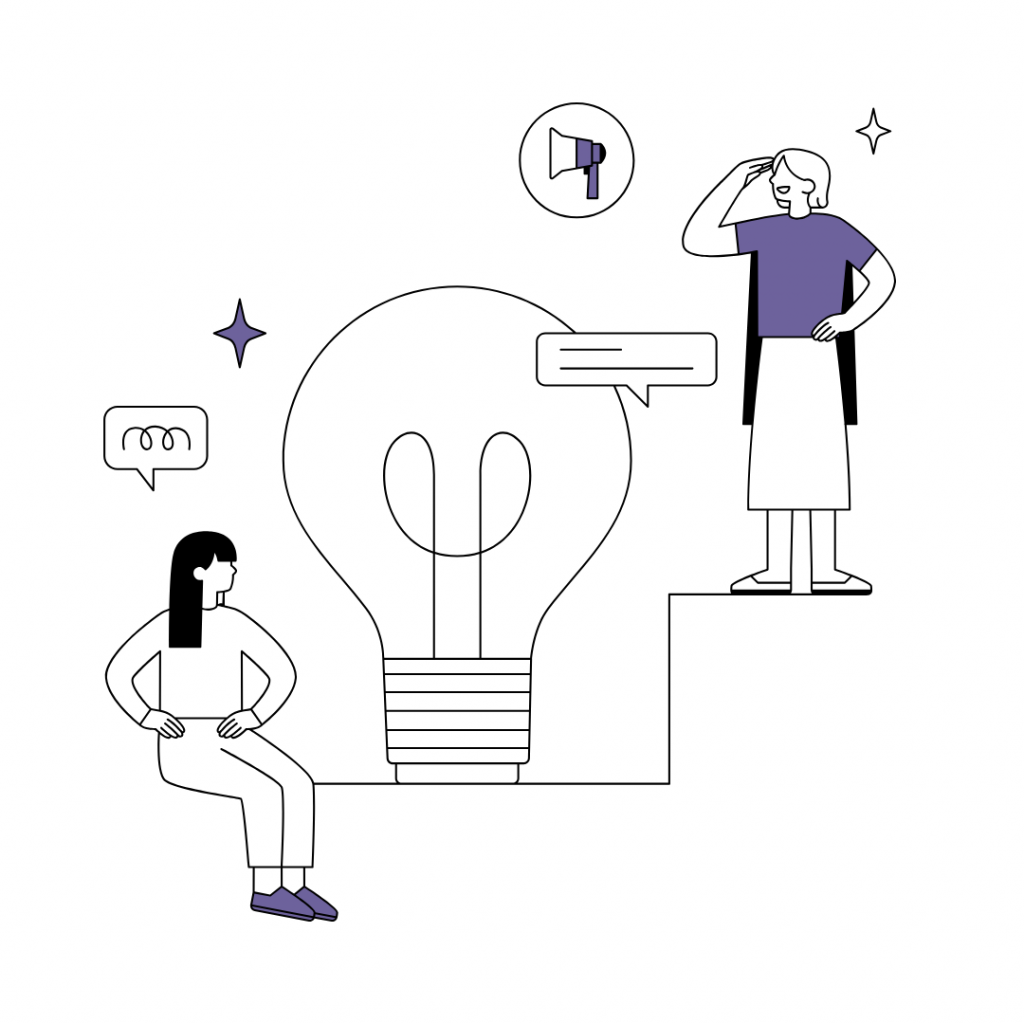 Two people discussing in front of a giant lightbulb, symbolizing missed opportunities or failure to share insights during ISO system development.