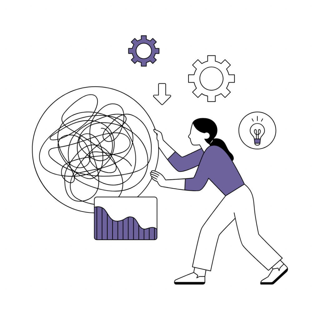 Individual pushing a chaotic scribble within a sphere, representing a disorganized or overly complex ISO system lacking clarity and structure.