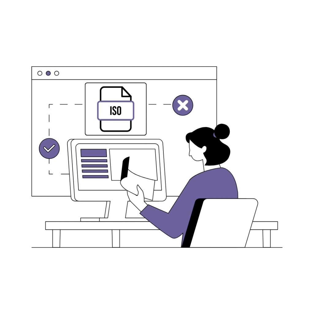 Person reviewing ISO documents on a computer screen, highlighting errors or oversights in document control processes.