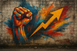 Graffiti of fist punching the air with arrow growing upwards.